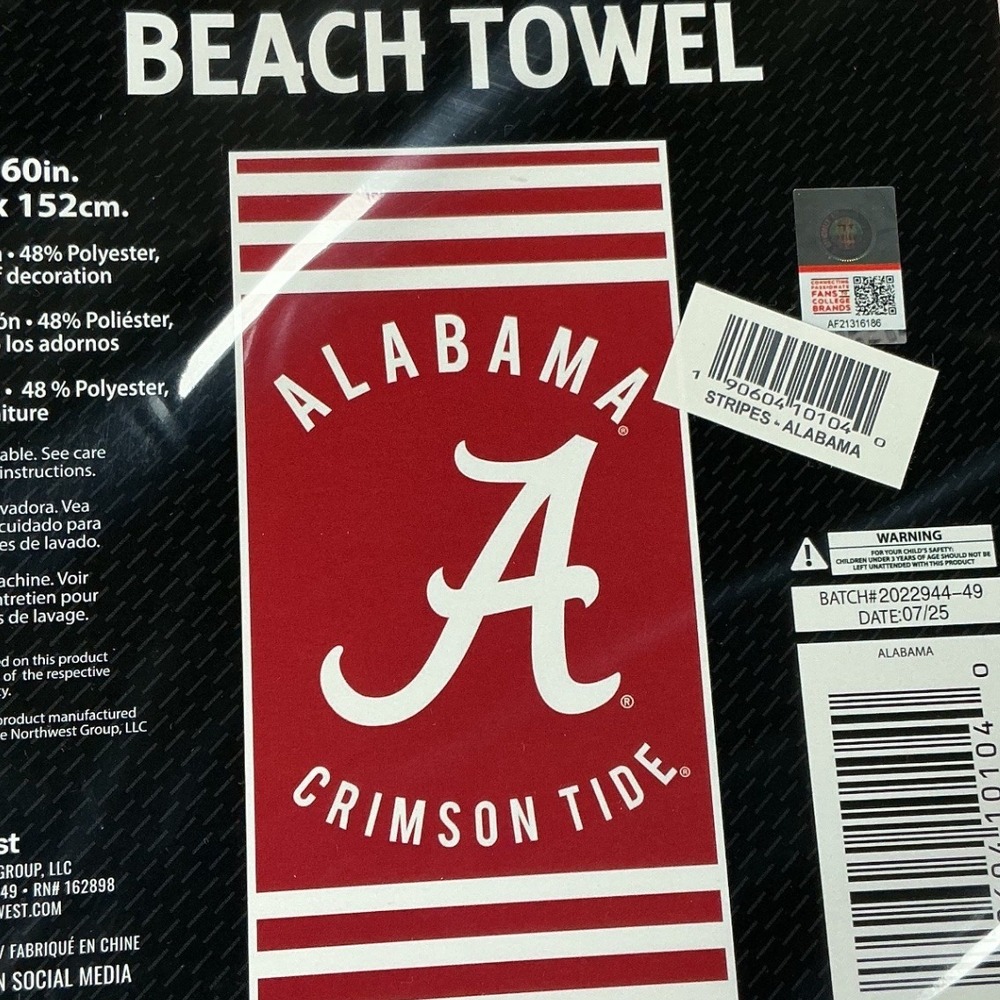 Alabama Crimson Tide Beach Towel Red White Striped 30x60 Northwest Group NEW